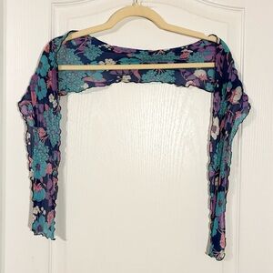 Vintage Floral Silk Ruffled Edge Scarf Navy 6”x53”
